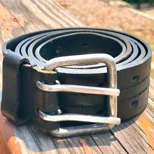 KONTOOR Black Leather Belt With Brushed Aluminum Double Prong Buckle